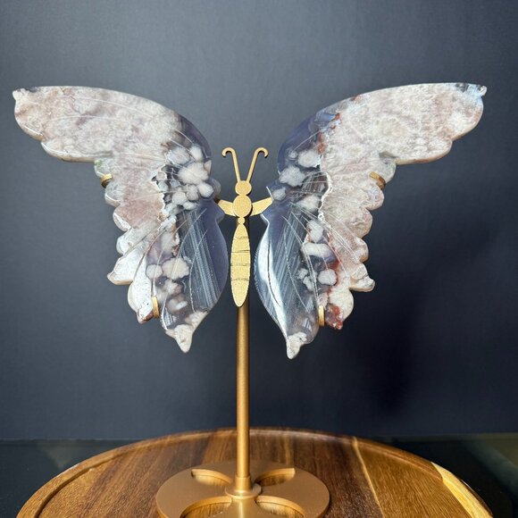 Black Agate Flower Butterfly Wings Pink Banding Natural Stone - Picture 1 of 8